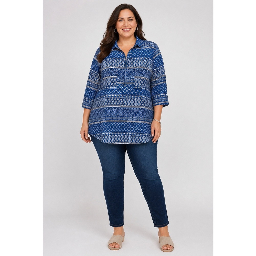 Catherines 2X 22/24W Blue Geometric Print Half Zip Tunic Top 3/4 Sleeve Plus
